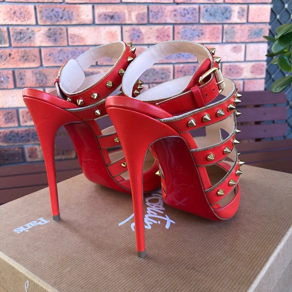 Christian Louboutin Tchicaboum 120mm Studded Orange Caged Heels 37.5 RRP$1750 - Picture 6 of 14